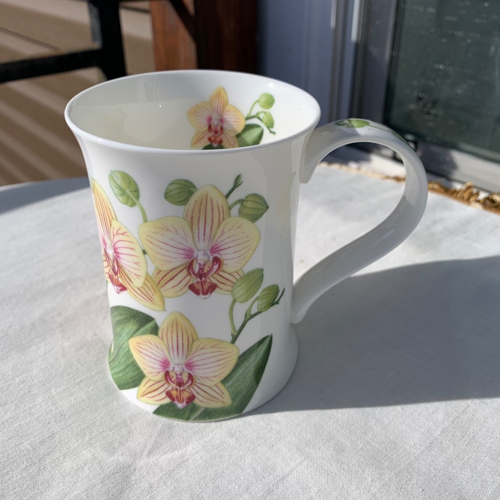 Dunoon by Kathy Pickles Yellow Orchids Flowers Fine Bone China Mug tea cup white